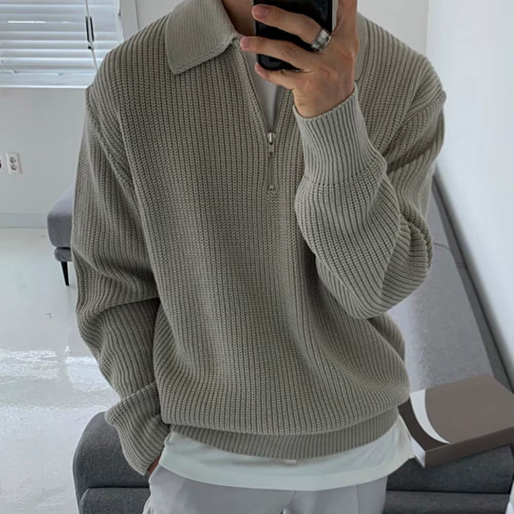 Men Fall Winter Sweater Lapel Solid Color Knitted Sweater Loose Long Sleeve Zipper Soft Warm Pullover Men Casual Sweater