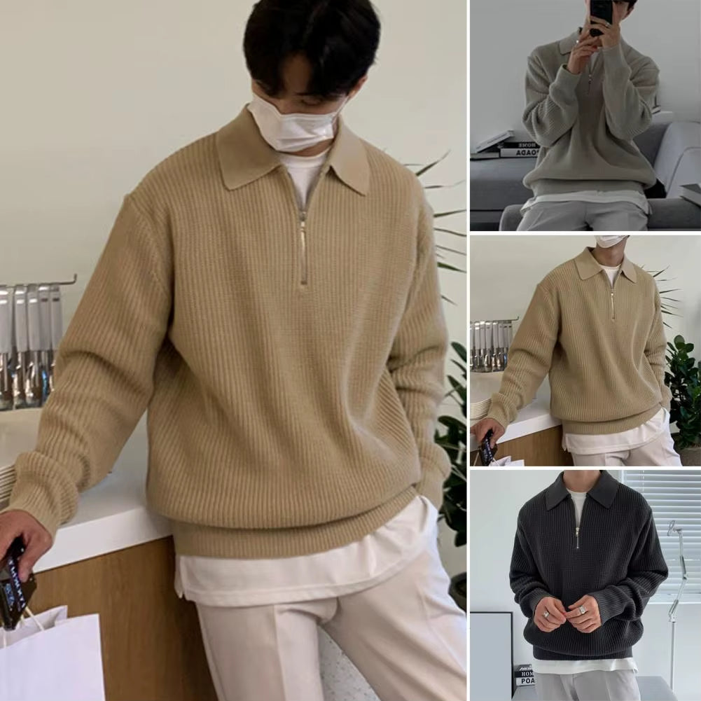 Men Fall Winter Sweater Lapel Solid Color Knitted Sweater Loose Long Sleeve Zipper Soft Warm Pullover Men Casual Sweater