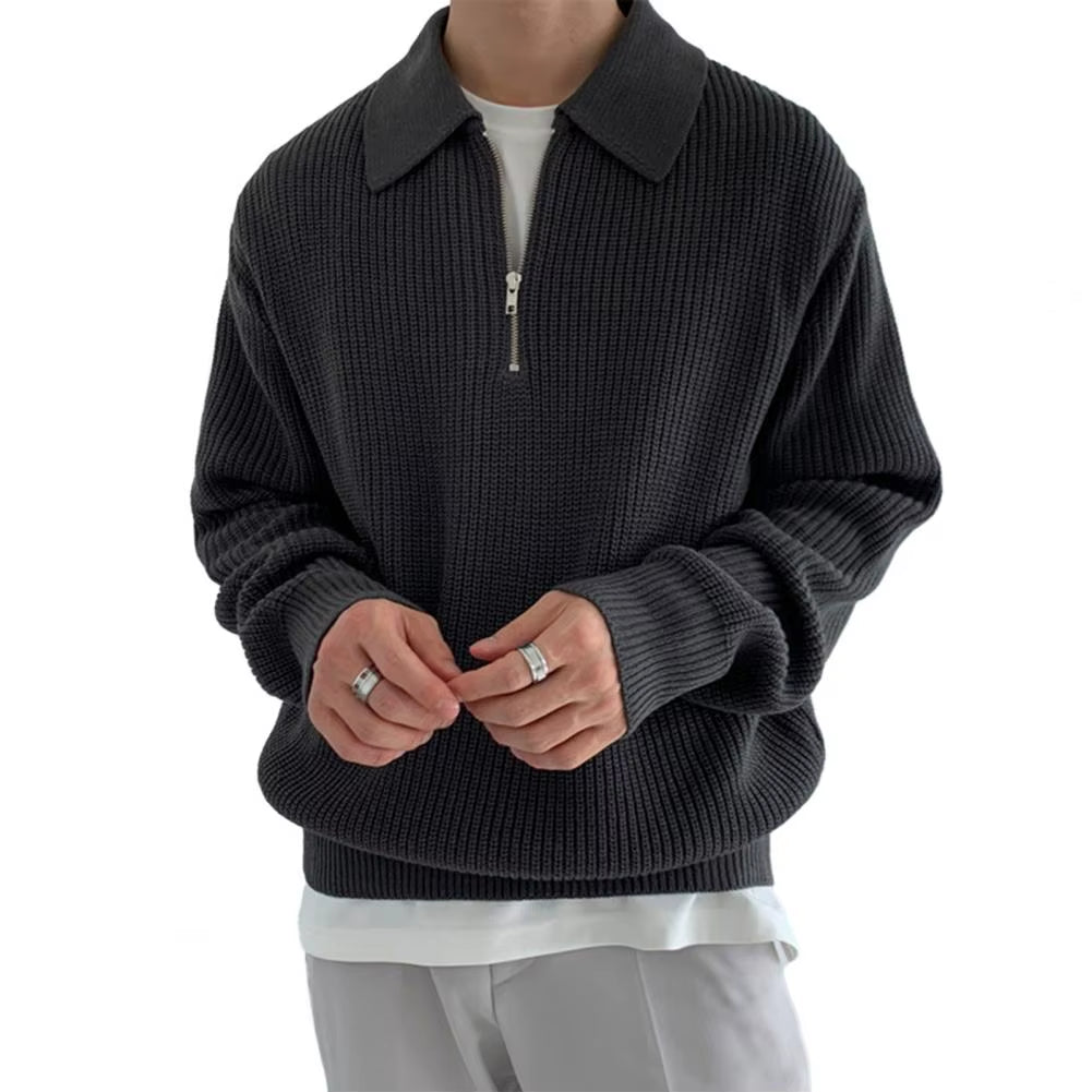 Men Fall Winter Sweater Lapel Solid Color Knitted Sweater Loose Long Sleeve Zipper Soft Warm Pullover Men Casual Sweater