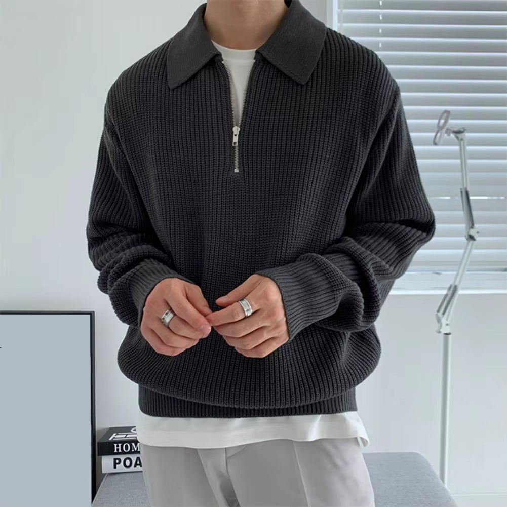 Men Fall Winter Sweater Lapel Solid Color Knitted Sweater Loose Long Sleeve Zipper Soft Warm Pullover Men Casual Sweater