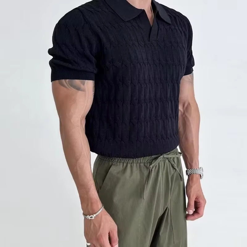 Casual Jacquard Knit Polo Shirt Men